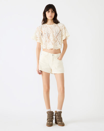 CALLUM Cream Short-Sleeved Mesh Lace Cropped Women's Top | Steve Madden Top Pick