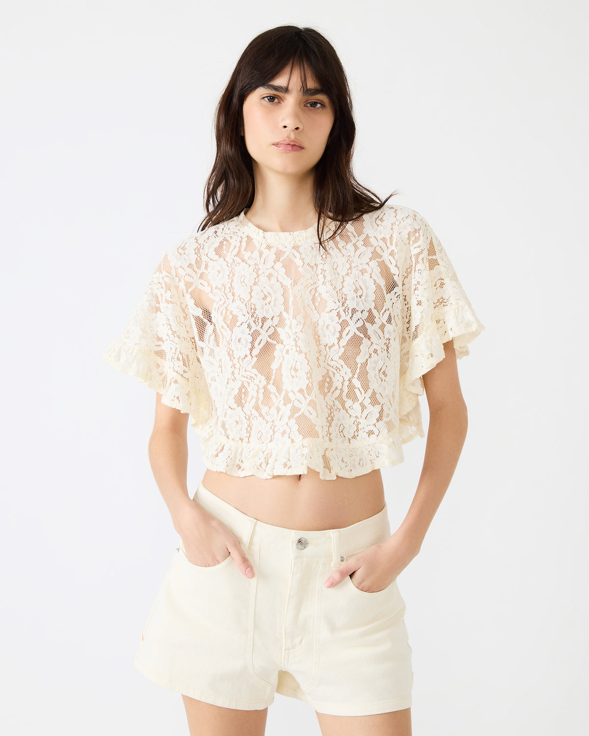 CALLUM Cream Short-Sleeved Mesh Lace Cropped Women's Top | Steve Madden Top Pick