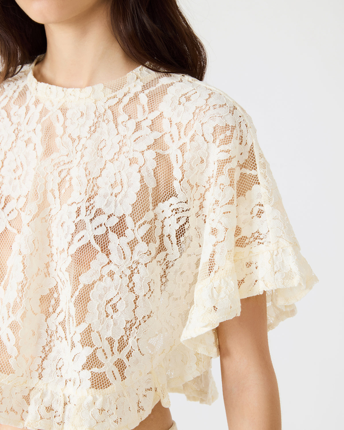 CALLUM Cream Short-Sleeved Mesh Lace Cropped Women's Top | Steve Madden Top Pick