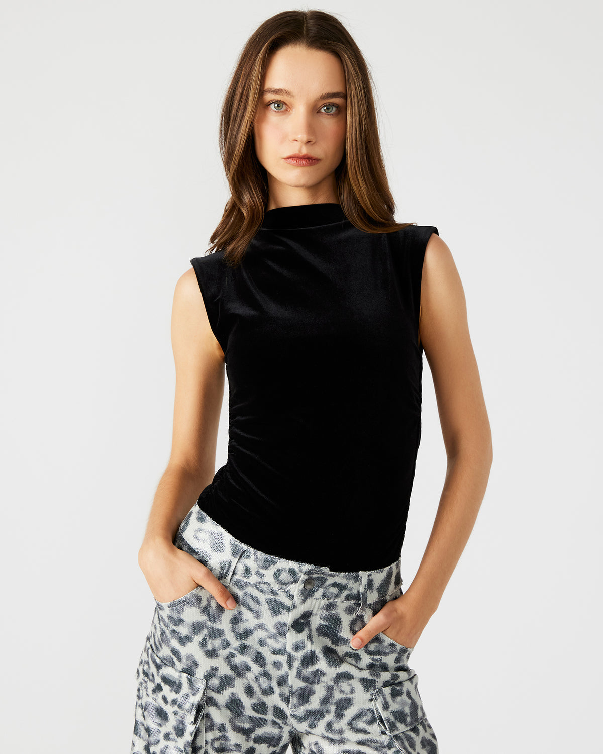 NIKOLA Black Women's Mock Neck Velvet Bodysuit | Steve Madden Everyday