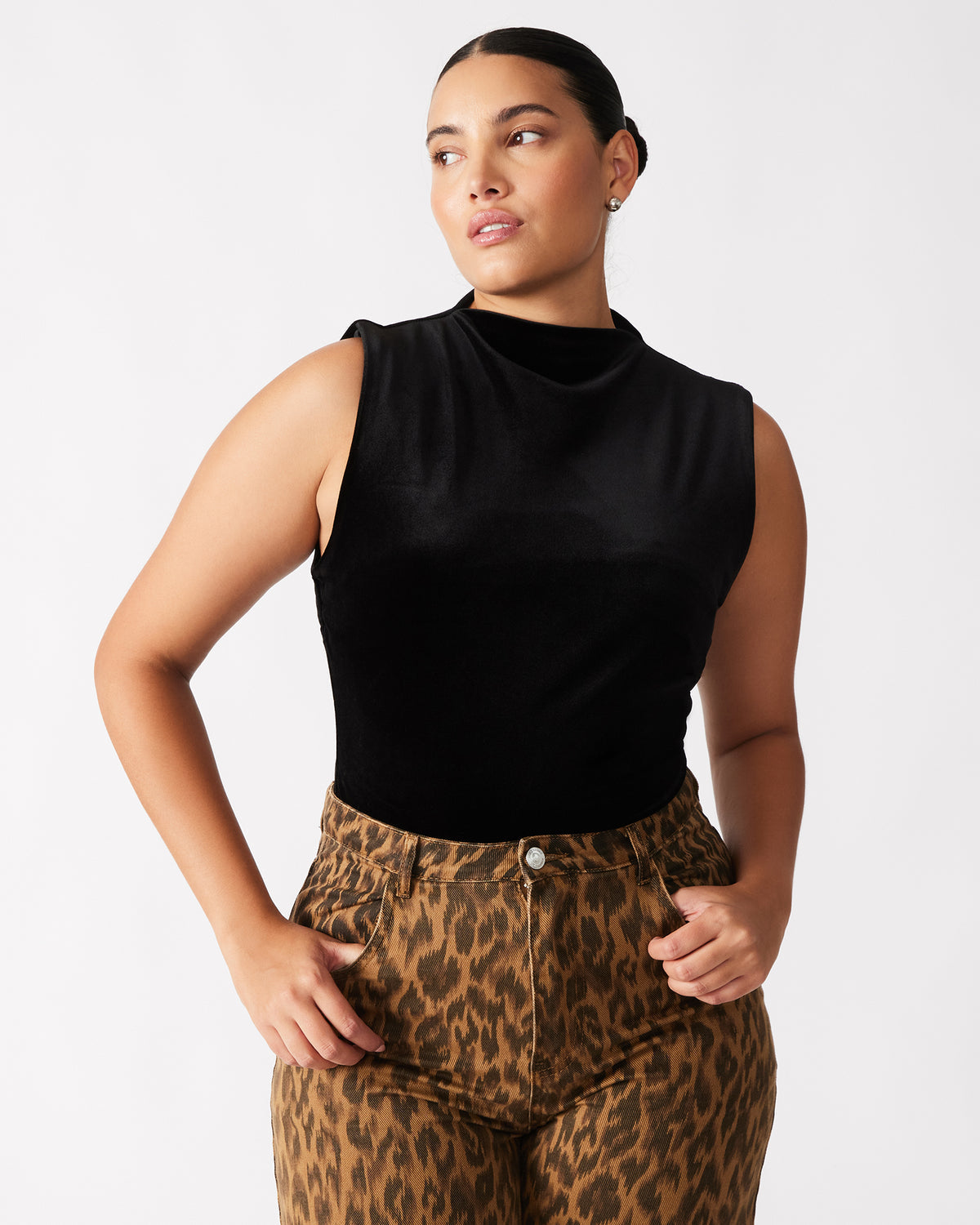 NIKOLA Black Women's Mock Neck Velvet Bodysuit | Steve Madden Everyday