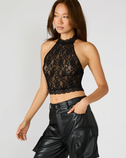 JUDY Black Lace Mesh Cropped Halter Women's Top | Steve Madden Quality