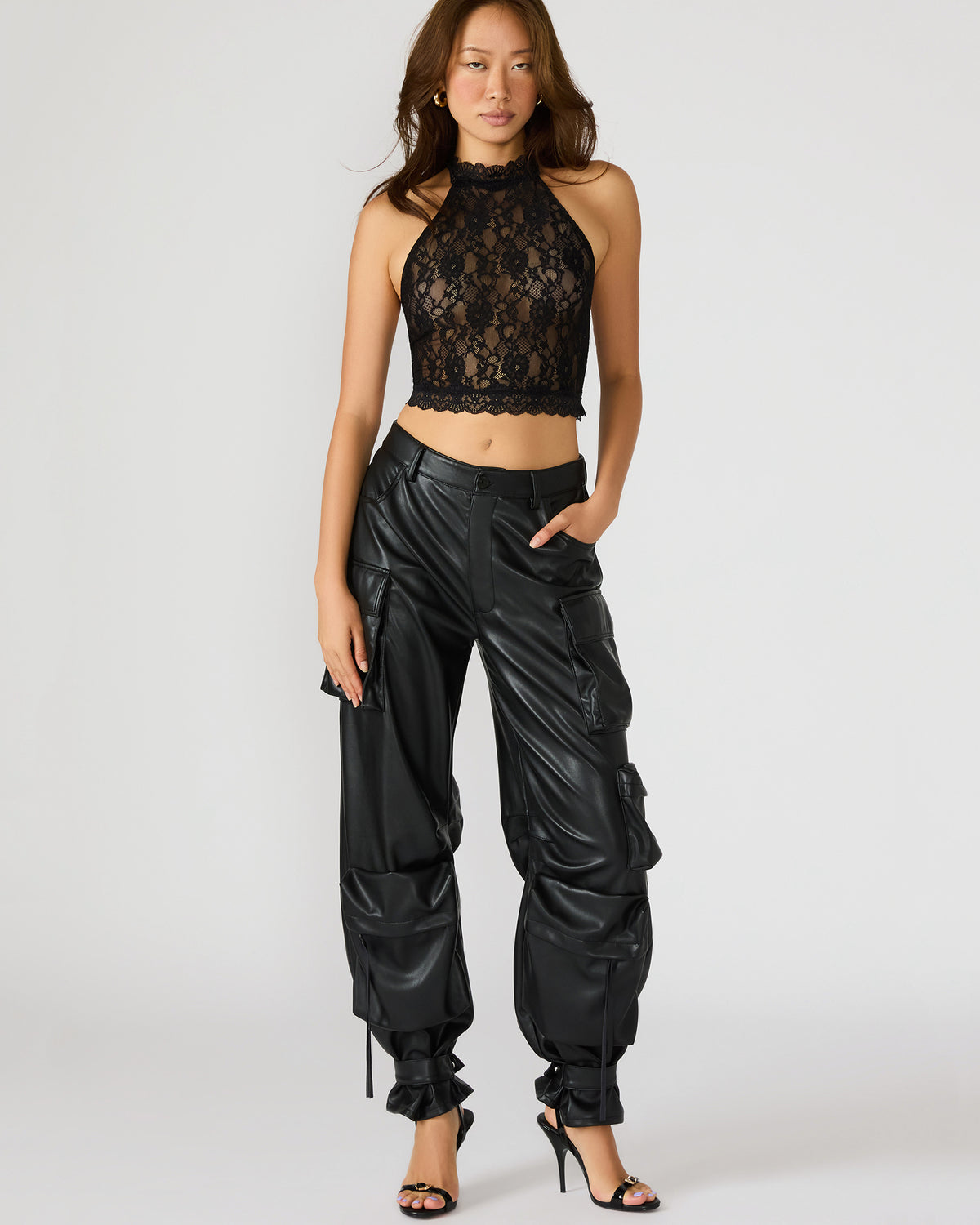 JUDY Black Lace Mesh Cropped Halter Women's Top | Steve Madden Quality