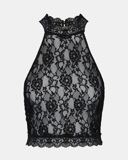 JUDY Black Lace Mesh Cropped Halter Women's Top | Steve Madden Quality