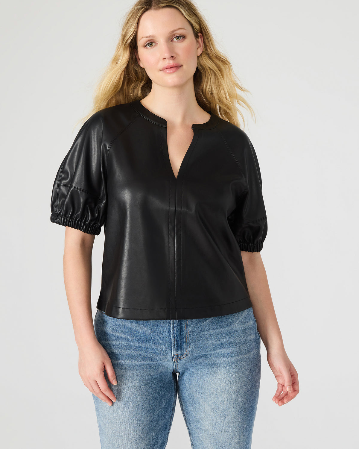 ROXANNE Black Short-Sleeved Faux Leather Puff Sleeve Women's Top | Steve Madden Smart Buy