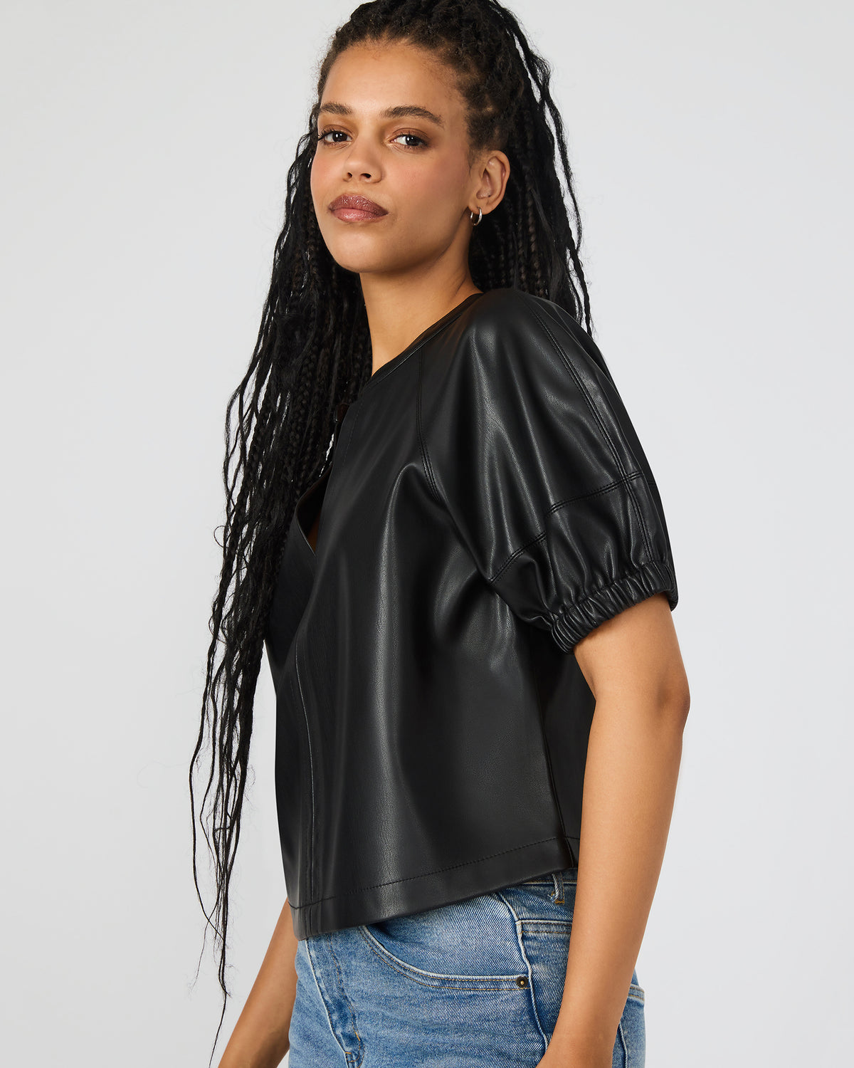 ROXANNE Black Short-Sleeved Faux Leather Puff Sleeve Women's Top | Steve Madden Smart Buy