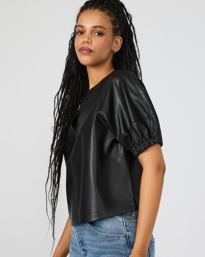 ROXANNE Black Short-Sleeved Faux Leather Puff Sleeve Women's Top | Steve Madden Smart Buy