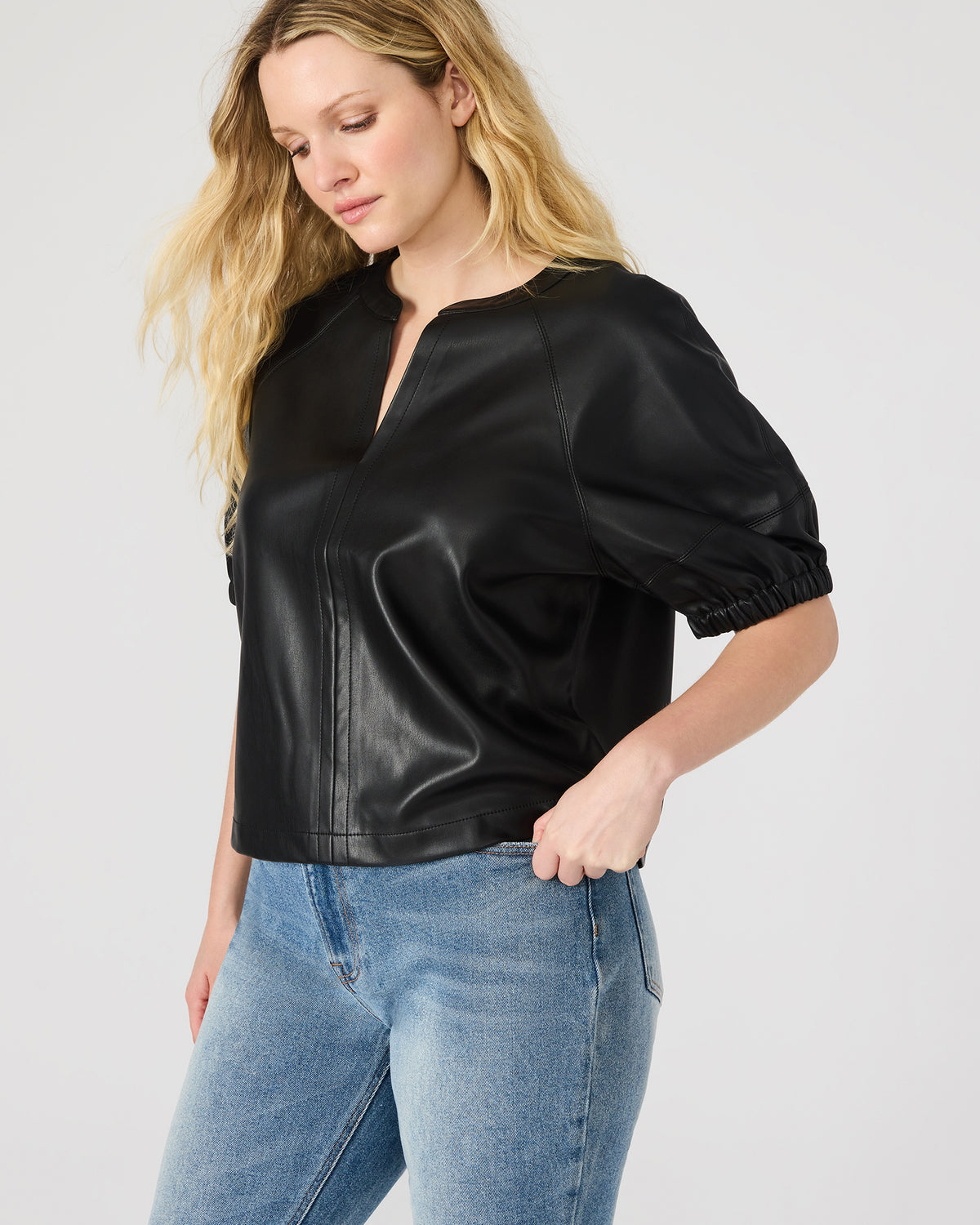 ROXANNE Black Short-Sleeved Faux Leather Puff Sleeve Women's Top | Steve Madden Smart Buy