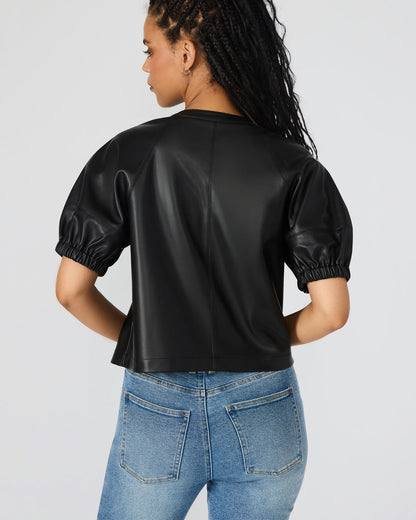 ROXANNE Black Short-Sleeved Faux Leather Puff Sleeve Women's Top | Steve Madden Smart Buy