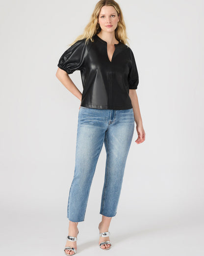 ROXANNE Black Short-Sleeved Faux Leather Puff Sleeve Women's Top | Steve Madden Smart Buy