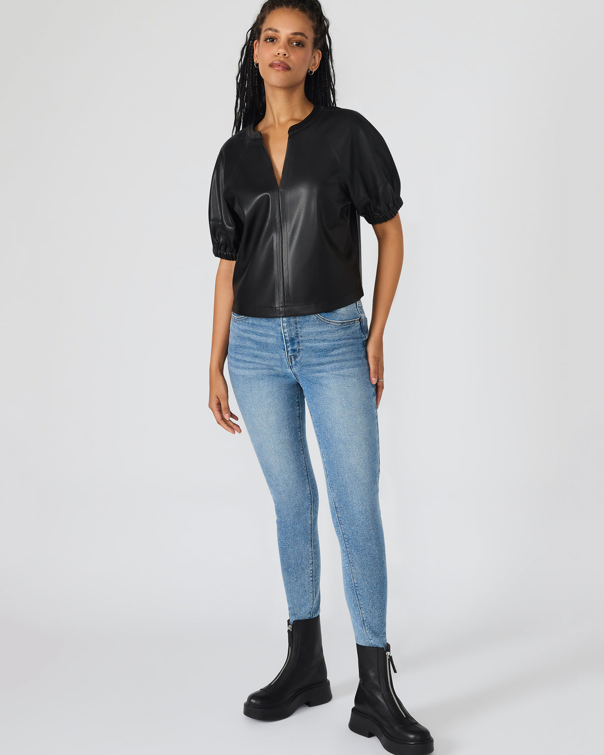 ROXANNE Black Short-Sleeved Faux Leather Puff Sleeve Women's Top | Steve Madden Smart Buy