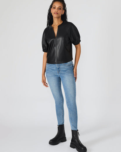 ROXANNE Black Short-Sleeved Faux Leather Puff Sleeve Women's Top | Steve Madden Smart Buy