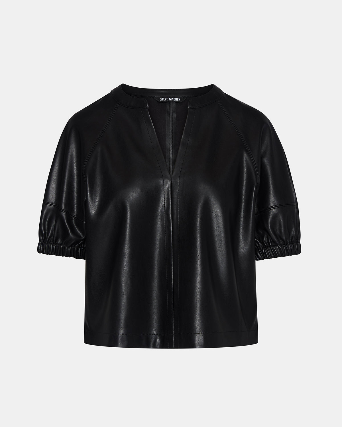 ROXANNE Black Short-Sleeved Faux Leather Puff Sleeve Women's Top | Steve Madden Smart Buy
