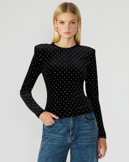 MADILYN Black Studded Velvet Long-Sleeved Rhinestone Embellished Women's Top | Steve Madden Customer Favorite