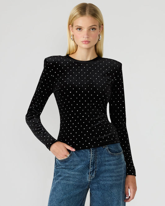 MADILYN Black Studded Velvet Long-Sleeved Rhinestone Embellished Women's Top | Steve Madden Customer Favorite