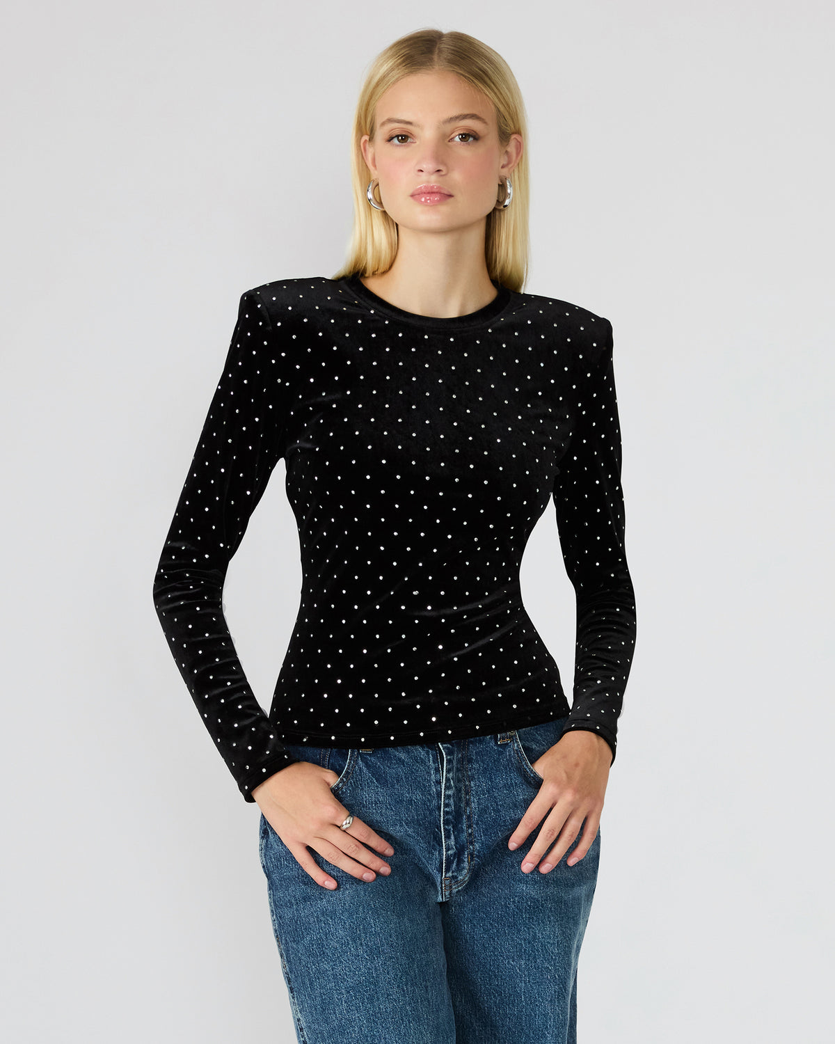 MADILYN Black Studded Velvet Long-Sleeved Rhinestone Embellished Women's Top | Steve Madden Customer Favorite