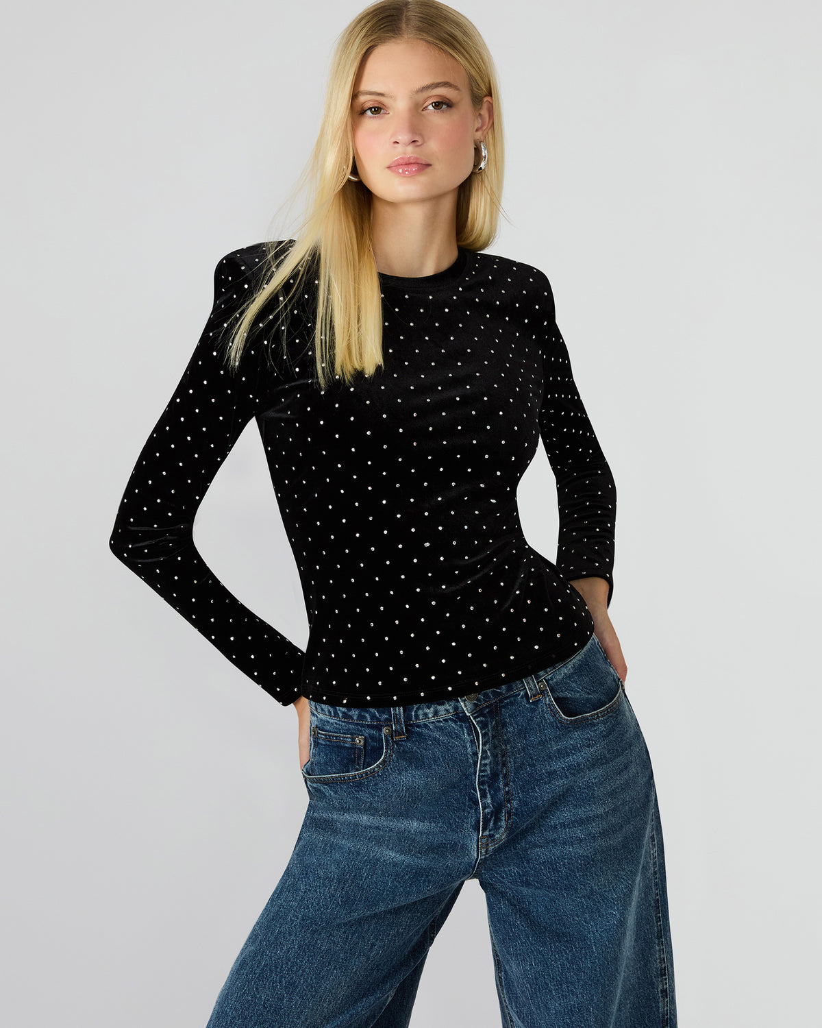 MADILYN Black Studded Velvet Long-Sleeved Rhinestone Embellished Women's Top | Steve Madden Customer Favorite