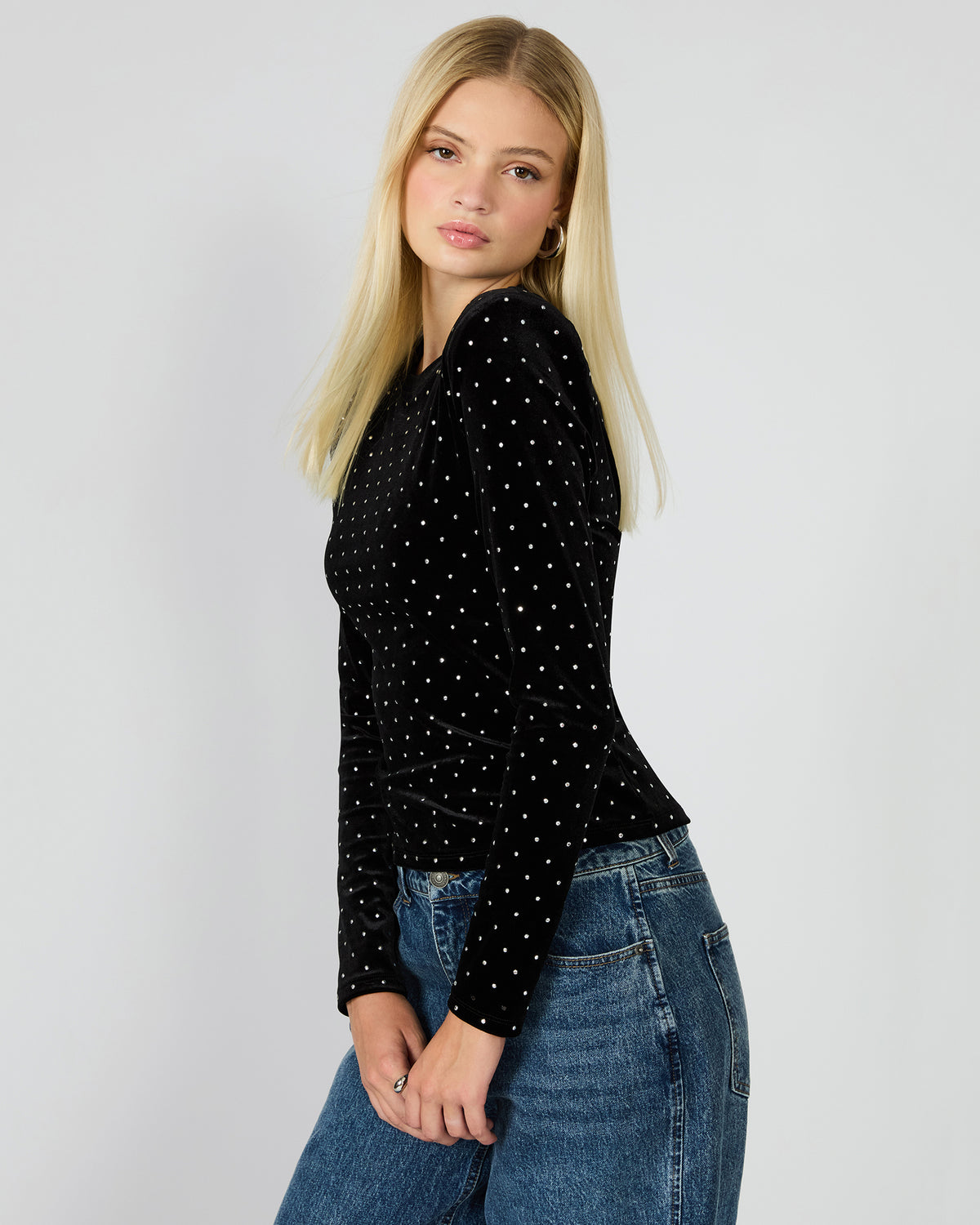 MADILYN Black Studded Velvet Long-Sleeved Rhinestone Embellished Women's Top | Steve Madden Customer Favorite