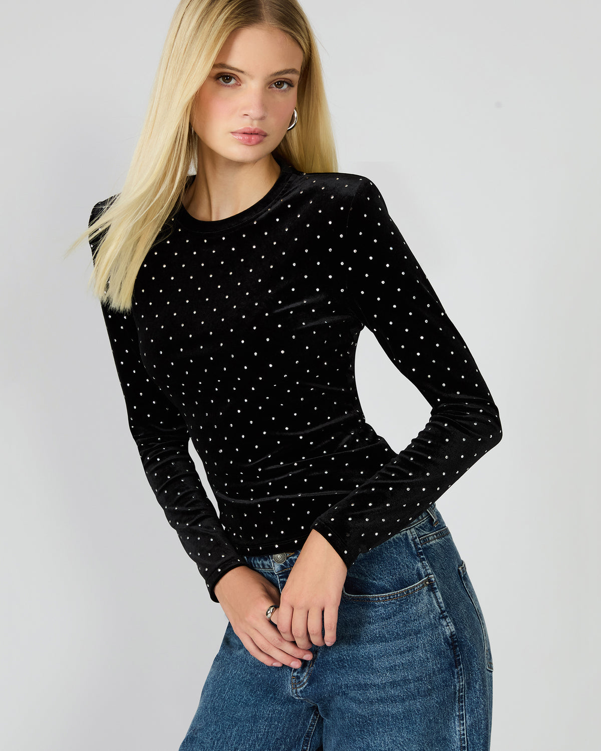 MADILYN Black Studded Velvet Long-Sleeved Rhinestone Embellished Women's Top | Steve Madden Customer Favorite