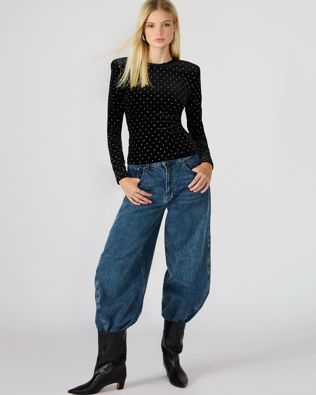 MADILYN Black Studded Velvet Long-Sleeved Rhinestone Embellished Women's Top | Steve Madden Customer Favorite