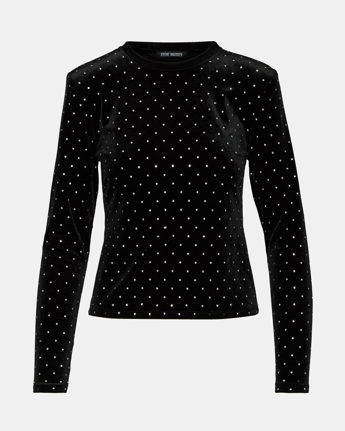MADILYN Black Studded Velvet Long-Sleeved Rhinestone Embellished Women's Top | Steve Madden Customer Favorite