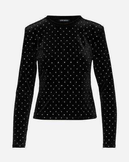MADILYN Black Studded Velvet Long-Sleeved Rhinestone Embellished Women's Top | Steve Madden Customer Favorite