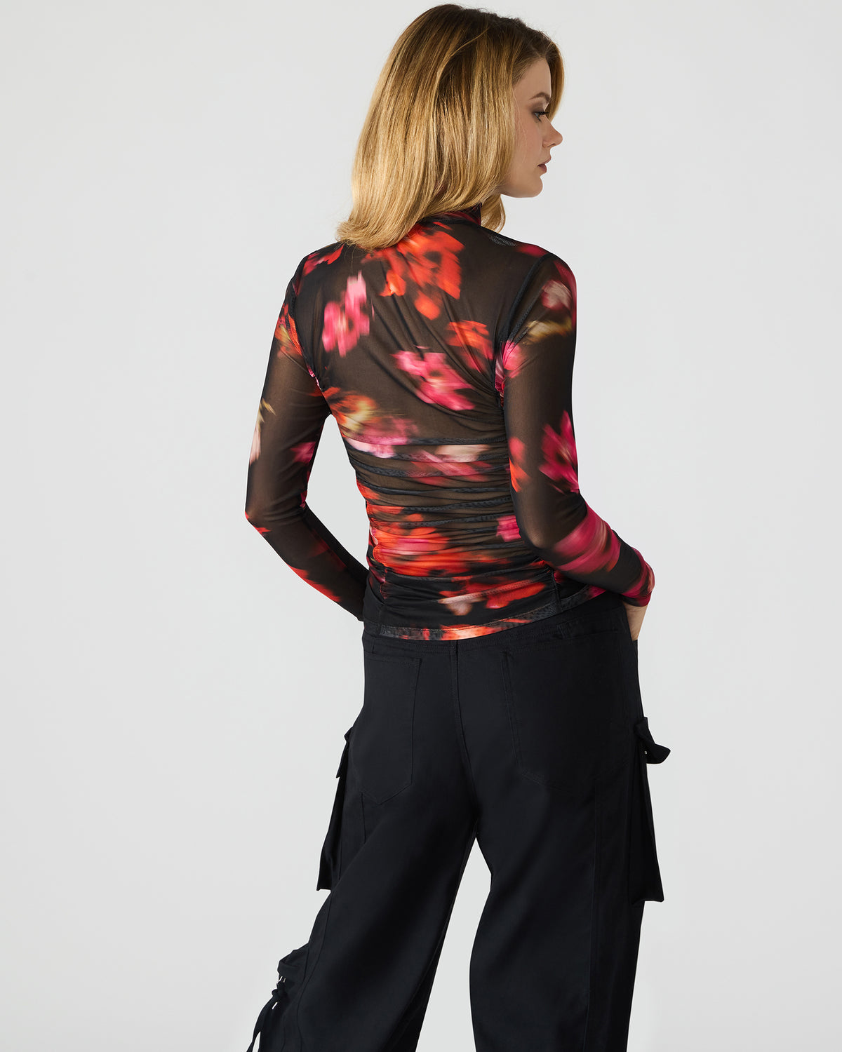 TAYLORE Blurry Floral Long-Sleeved Sheer Mesh Fabric Women's Top | Steve Madden Latest