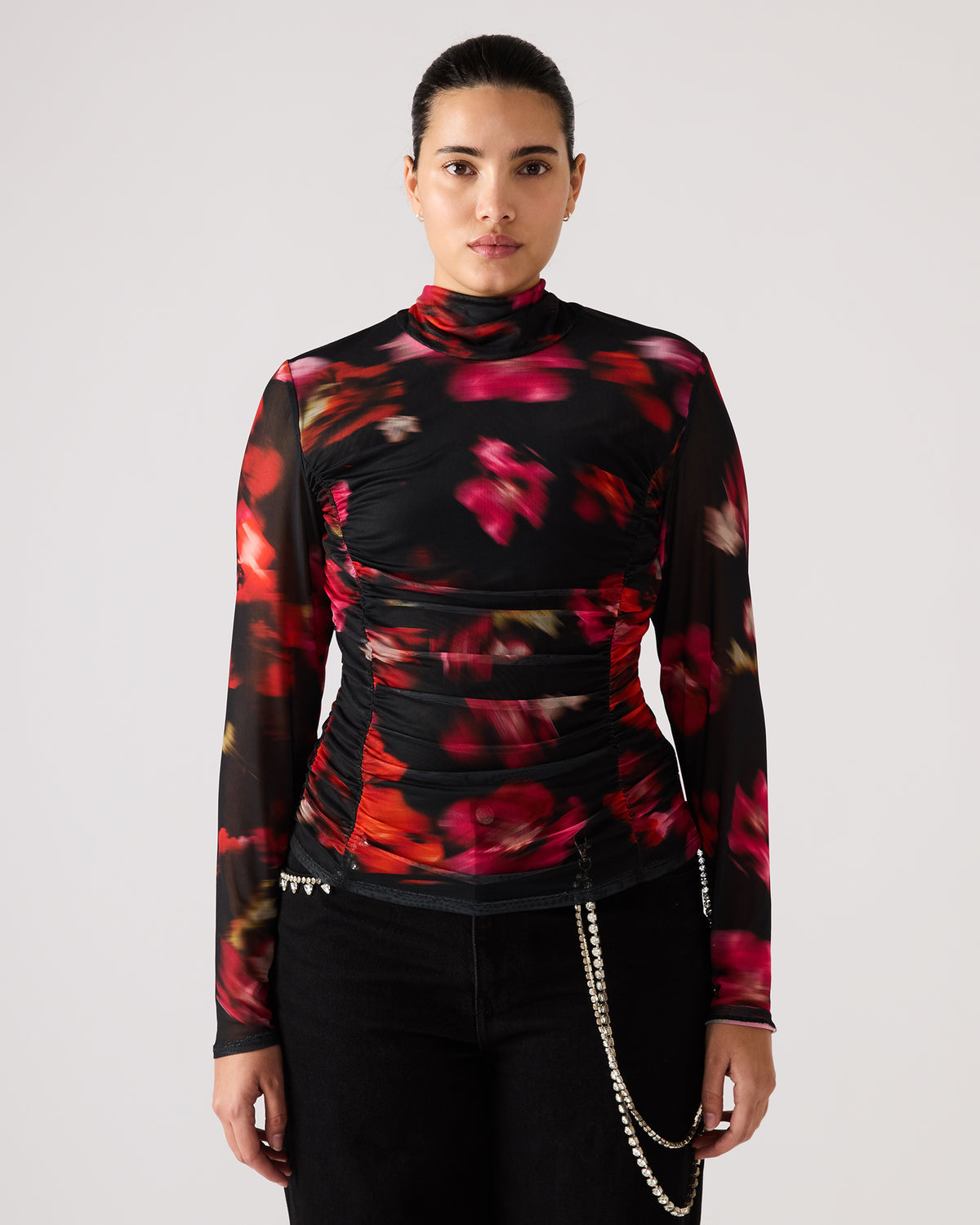 TAYLORE Blurry Floral Long-Sleeved Sheer Mesh Fabric Women's Top | Steve Madden Latest