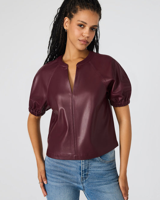 ROXANNE Wine Short-Sleeved Faux Leather Puff Sleeve Women's Top | Steve Madden Classic