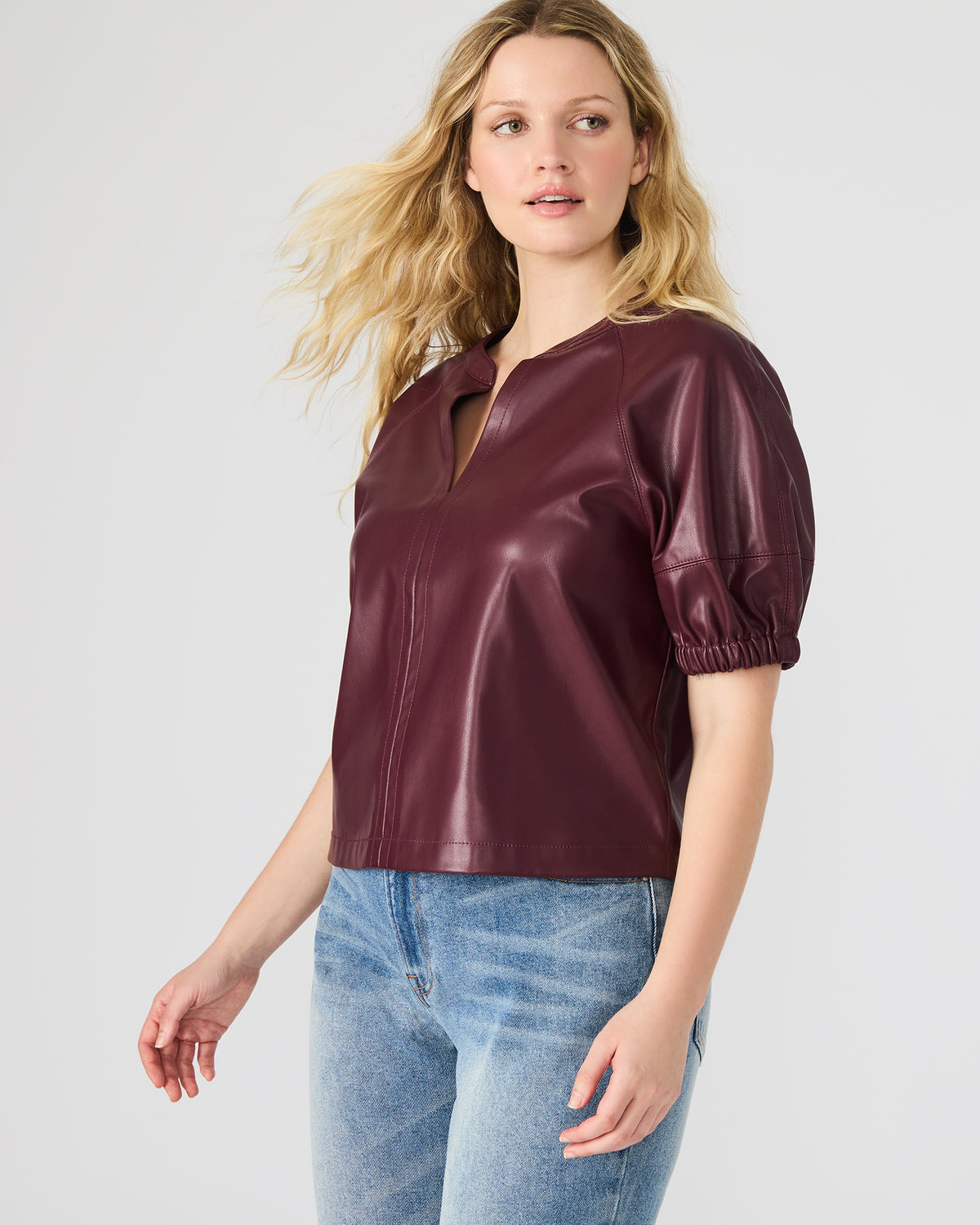 ROXANNE Wine Short-Sleeved Faux Leather Puff Sleeve Women's Top | Steve Madden Classic