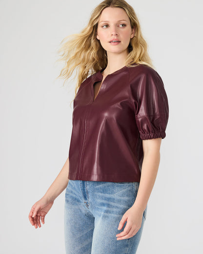ROXANNE Wine Short-Sleeved Faux Leather Puff Sleeve Women's Top | Steve Madden Classic