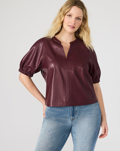 ROXANNE Wine Short-Sleeved Faux Leather Puff Sleeve Women's Top | Steve Madden Classic