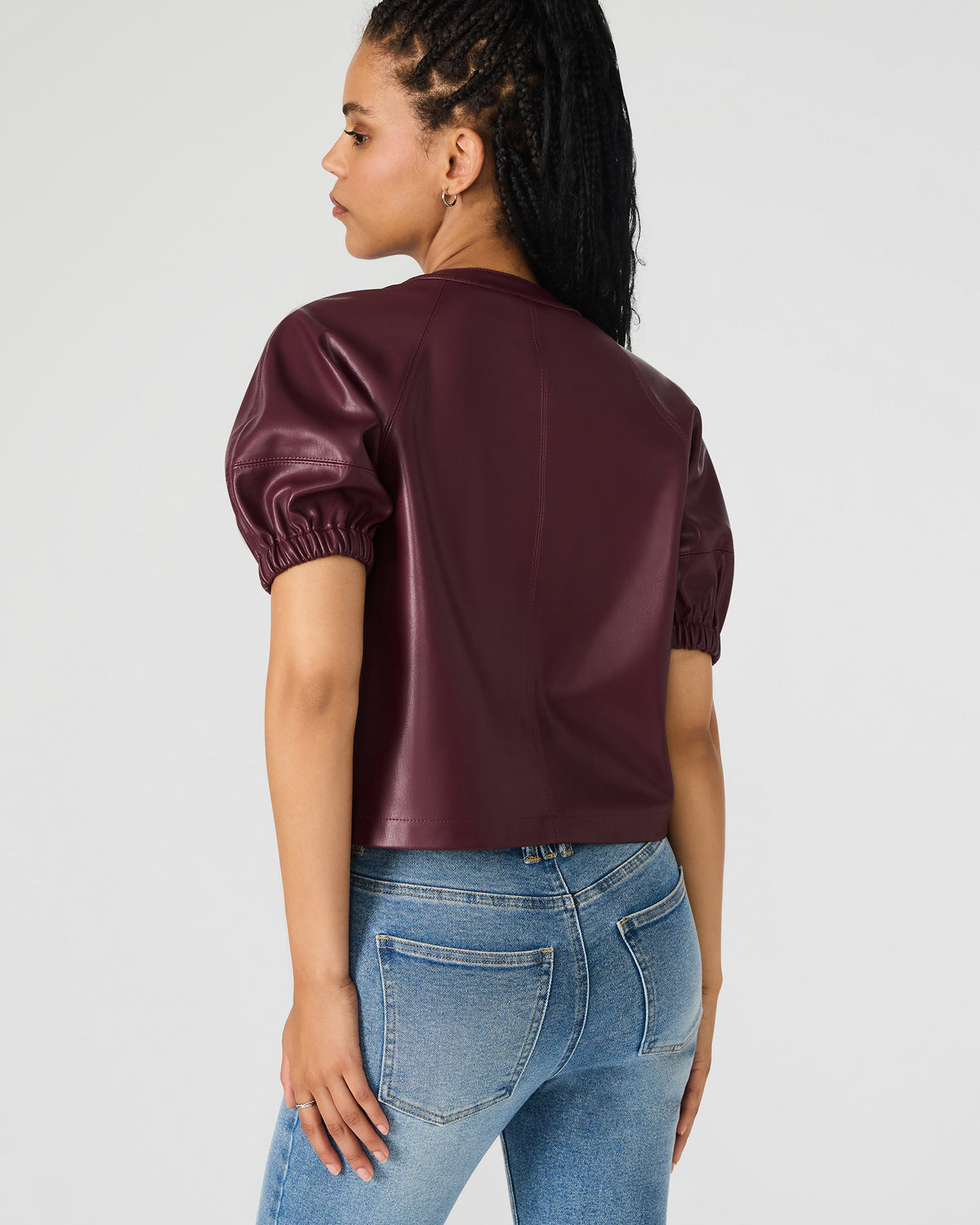 ROXANNE Wine Short-Sleeved Faux Leather Puff Sleeve Women's Top | Steve Madden Classic