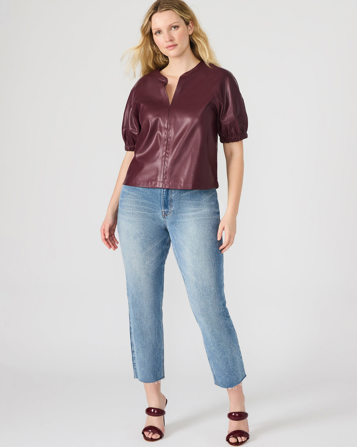 ROXANNE Wine Short-Sleeved Faux Leather Puff Sleeve Women's Top | Steve Madden Classic