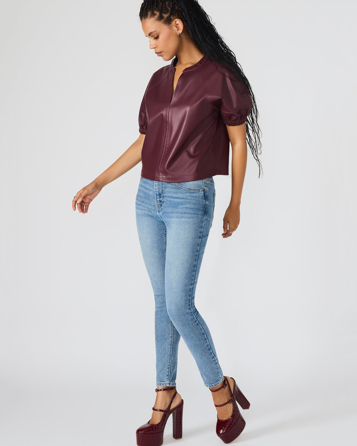 ROXANNE Wine Short-Sleeved Faux Leather Puff Sleeve Women's Top | Steve Madden Classic