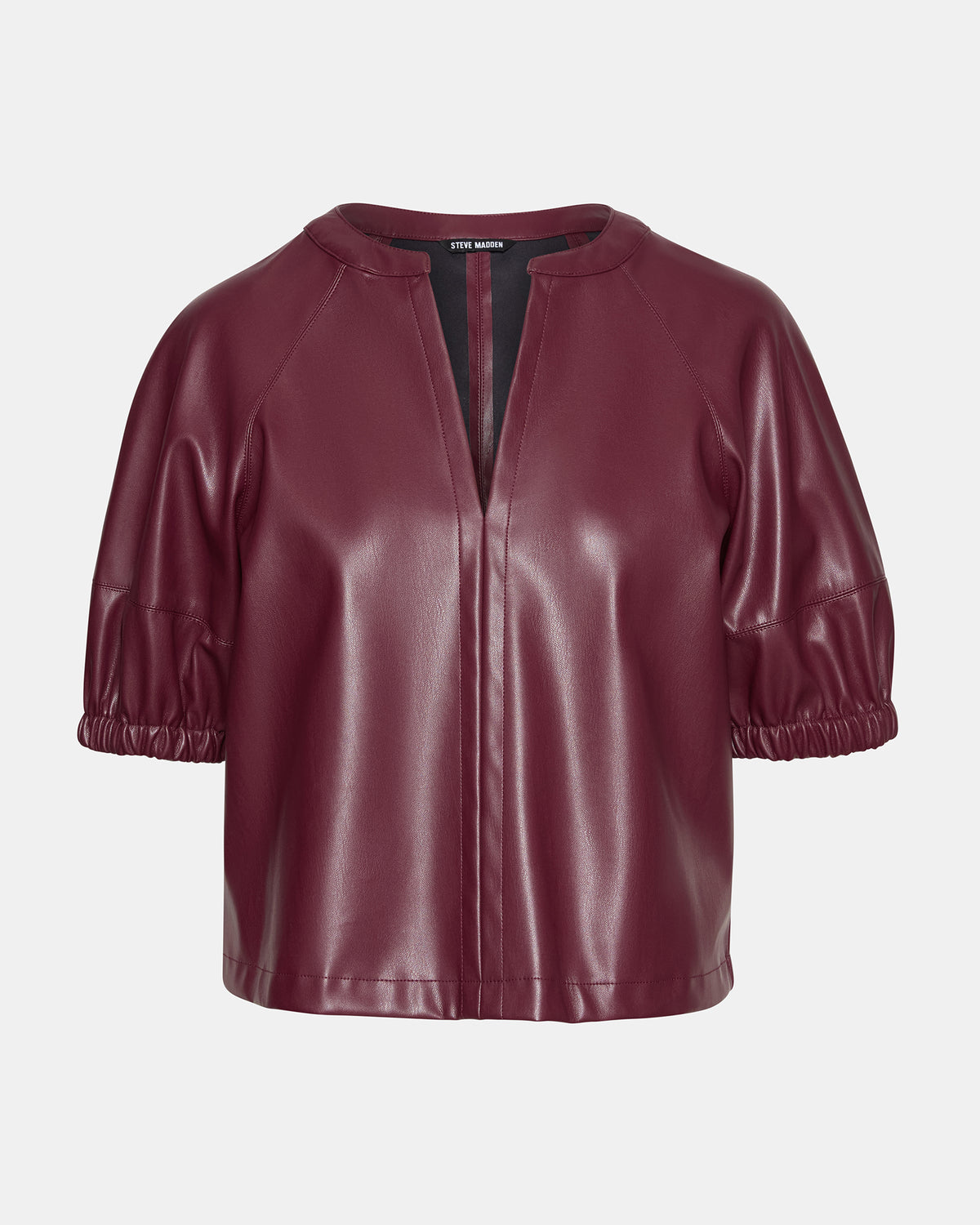 ROXANNE Wine Short-Sleeved Faux Leather Puff Sleeve Women's Top | Steve Madden Classic