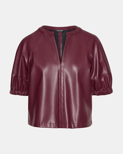 ROXANNE Wine Short-Sleeved Faux Leather Puff Sleeve Women's Top | Steve Madden Classic