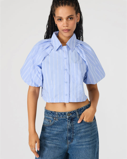 REECE Soft Blue Button-Up Collared Bubble Sleeve Women's Top | Steve Madden New
