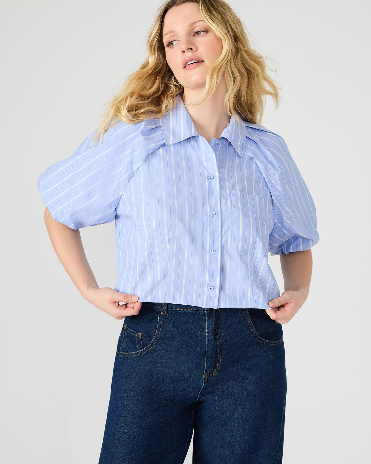 REECE Soft Blue Button-Up Collared Bubble Sleeve Women's Top | Steve Madden New