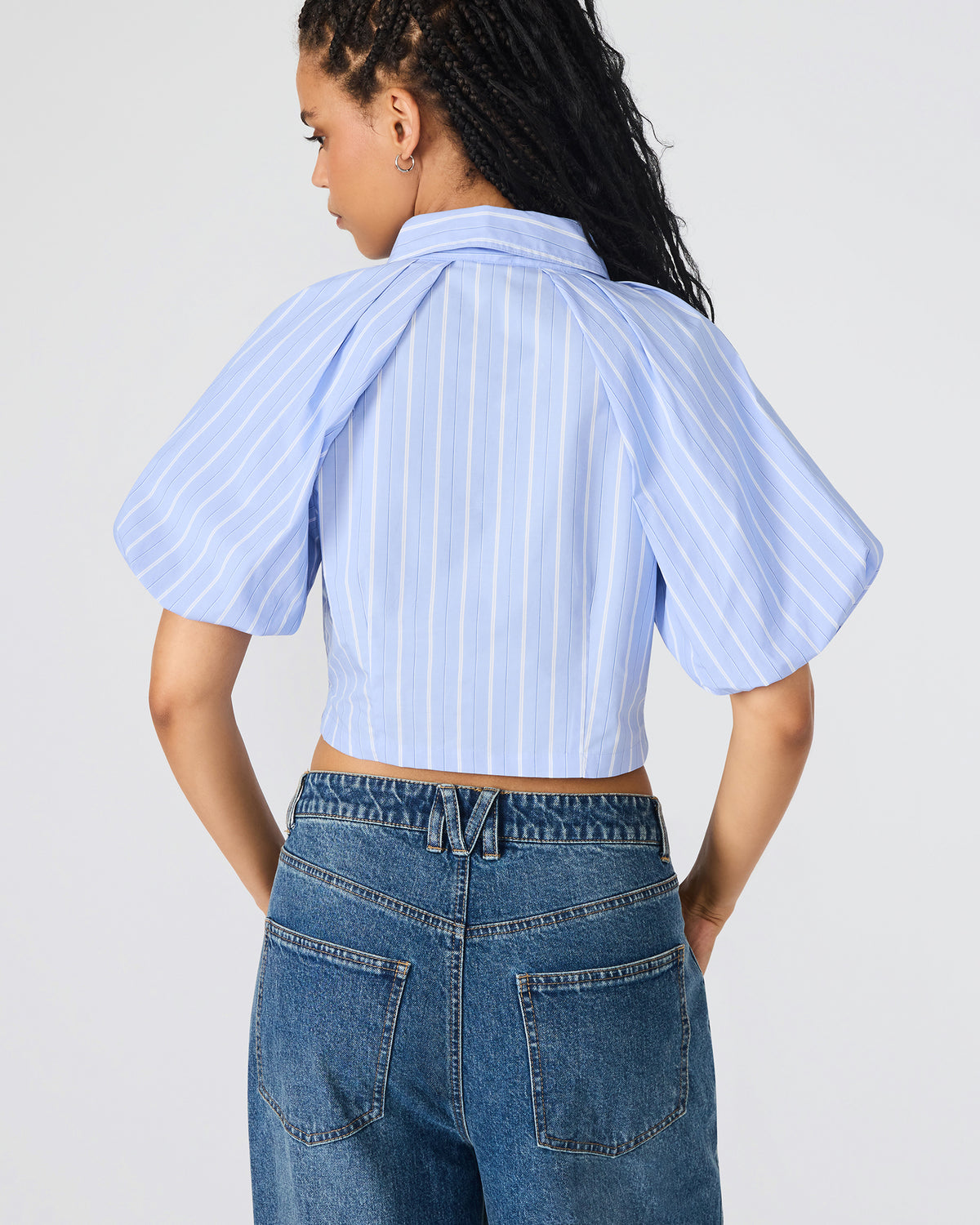 REECE Soft Blue Button-Up Collared Bubble Sleeve Women's Top | Steve Madden New