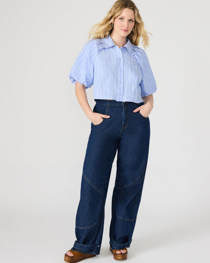 REECE Soft Blue Button-Up Collared Bubble Sleeve Women's Top | Steve Madden New