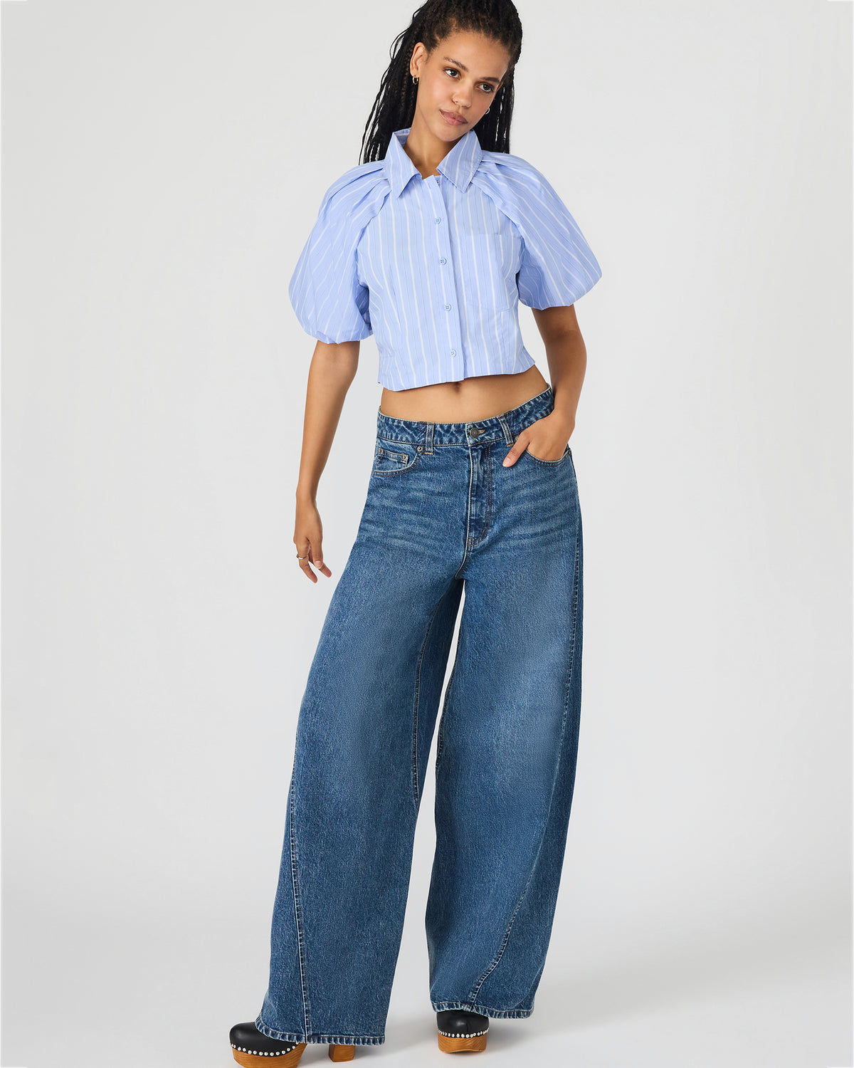 REECE Soft Blue Button-Up Collared Bubble Sleeve Women's Top | Steve Madden New