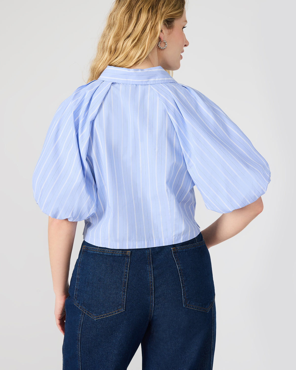 REECE Soft Blue Button-Up Collared Bubble Sleeve Women's Top | Steve Madden New