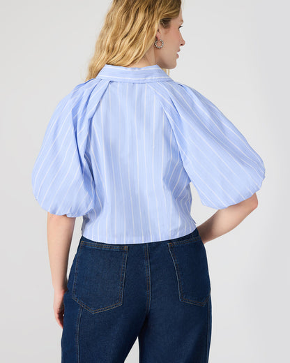 REECE Soft Blue Button-Up Collared Bubble Sleeve Women's Top | Steve Madden New