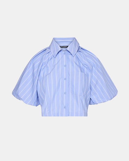 REECE Soft Blue Button-Up Collared Bubble Sleeve Women's Top | Steve Madden New