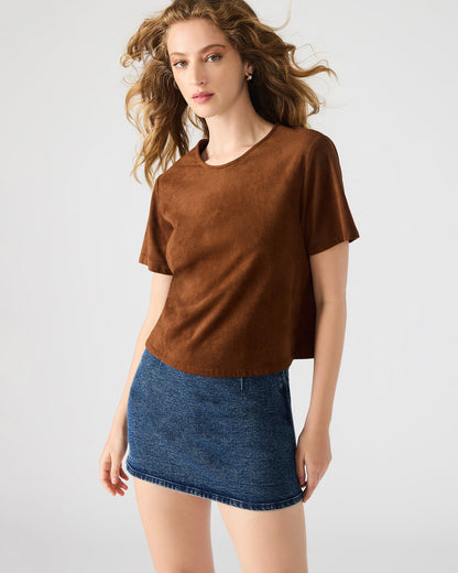 EZRA Chicory Coffee Short-Sleeved Faux-Suede Women's Top | Steve Madden Quality