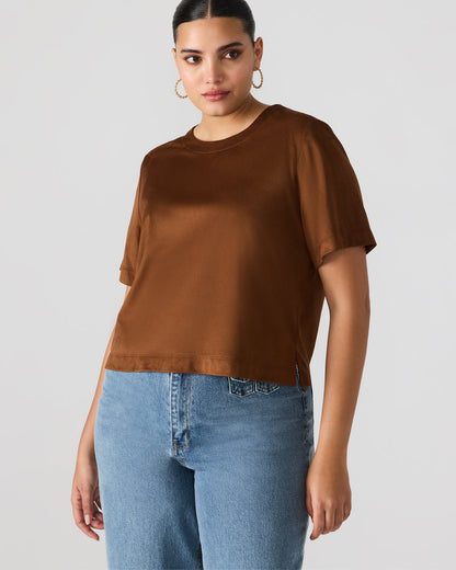EZRA Chicory Coffee Short-Sleeved Faux-Suede Women's Top | Steve Madden Quality