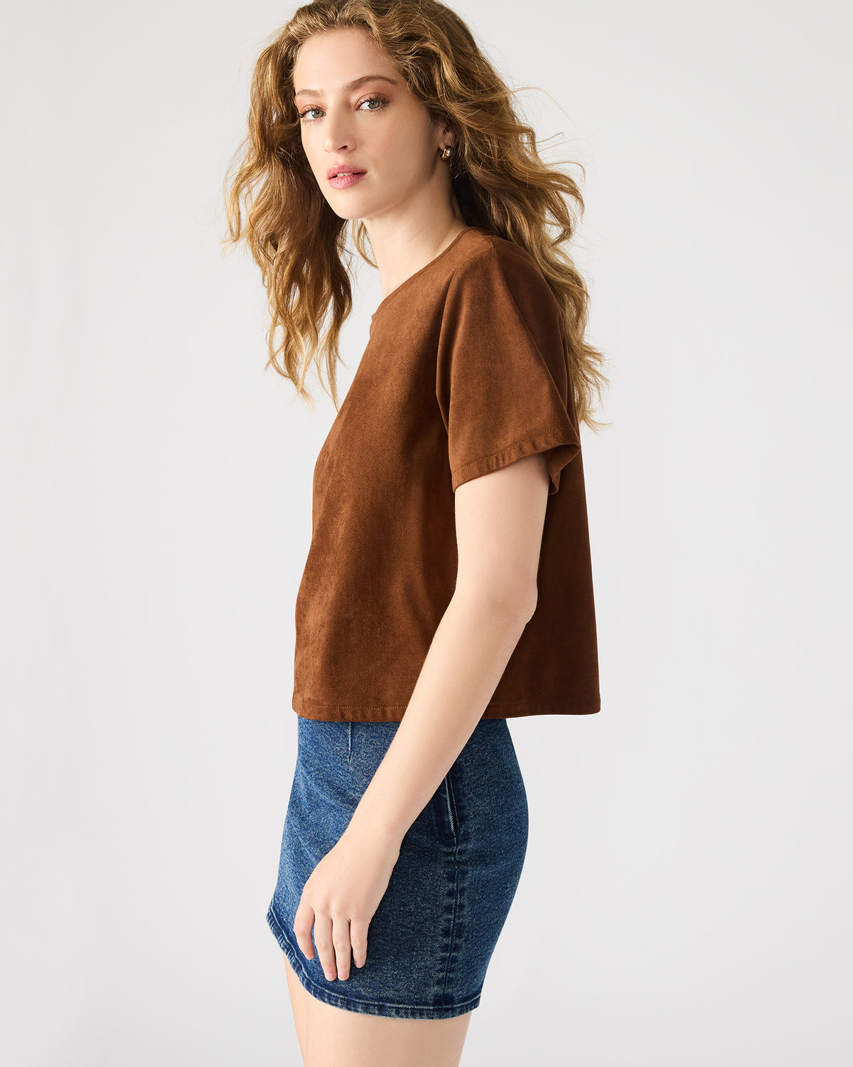 EZRA Chicory Coffee Short-Sleeved Faux-Suede Women's Top | Steve Madden Quality