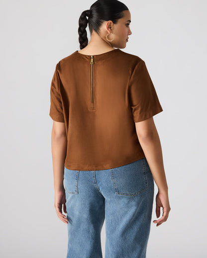 EZRA Chicory Coffee Short-Sleeved Faux-Suede Women's Top | Steve Madden Quality