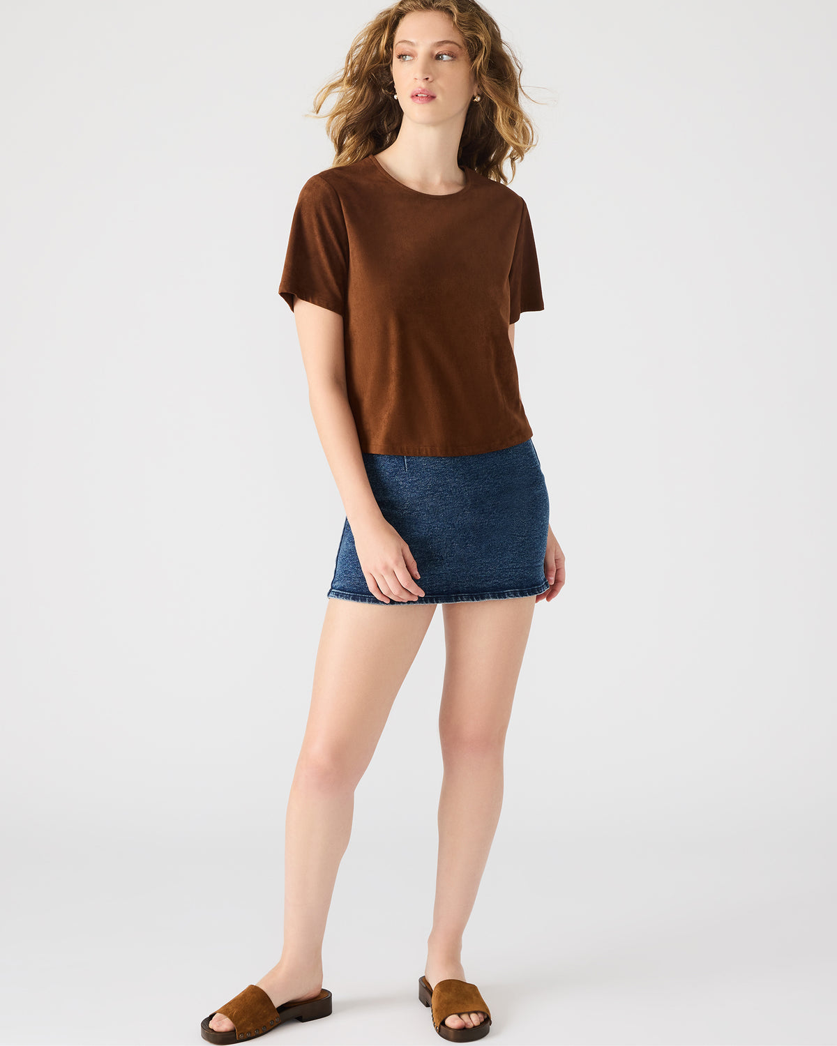 EZRA Chicory Coffee Short-Sleeved Faux-Suede Women's Top | Steve Madden Quality